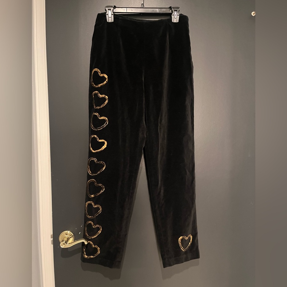 Vintage Kathy Ireland Black Velvet Wide Leg Pants Gold hearts